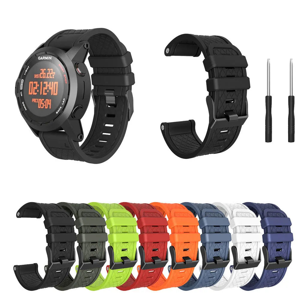 Jiaming compatible 26mm silicone watch strap with black stainless steel buckle in eight colour options.