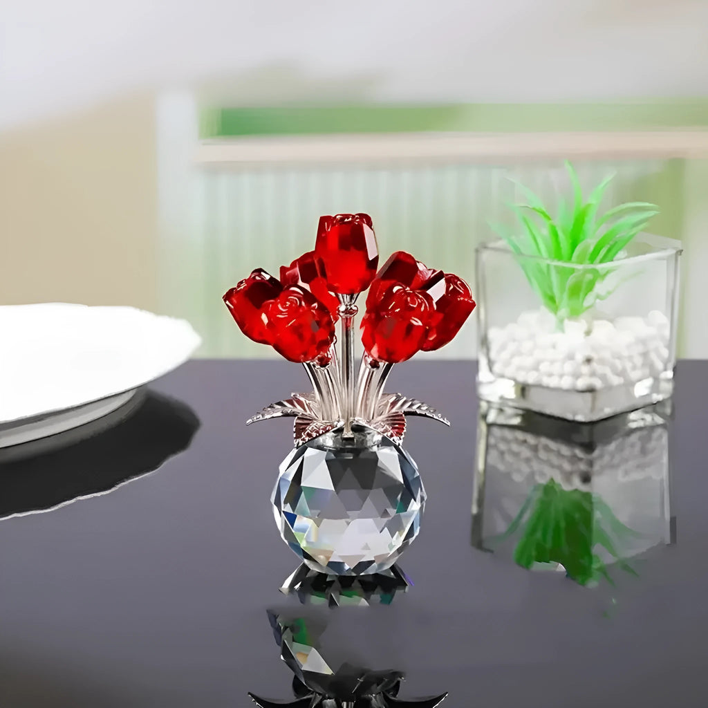 Geometric K9 crystal glass rose decorative craft in multiple colour options on a table.