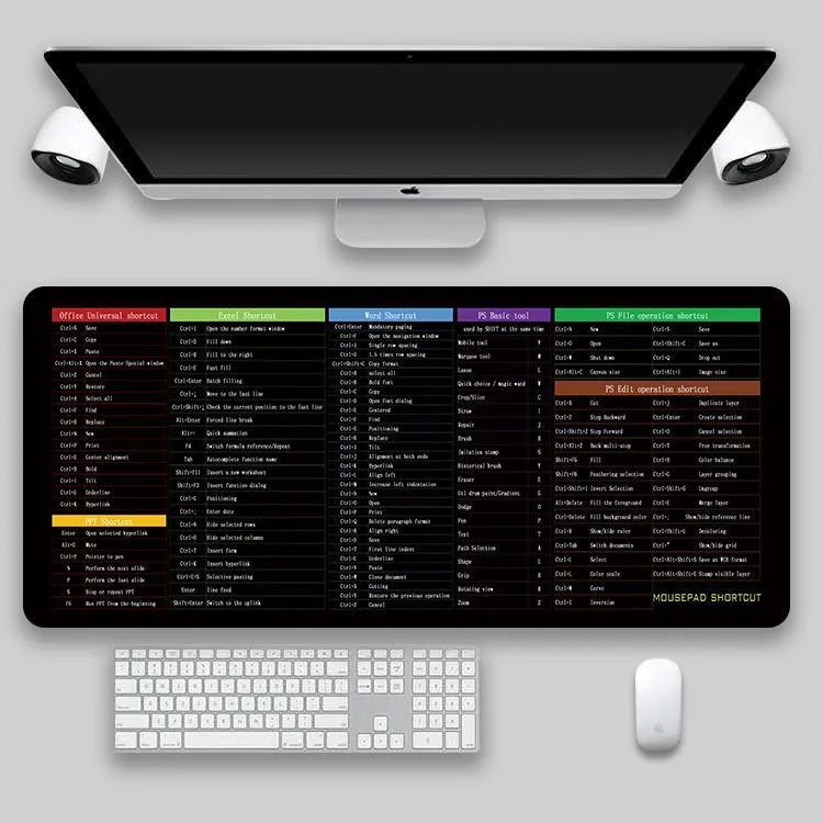 Oversized desk keyboard pad with non-slip rubber base and cloth surface, available in multiple sizes