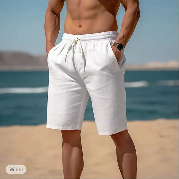 Men's cotton linen drawstring shorts with elastic waist and multiple pockets in solid colour