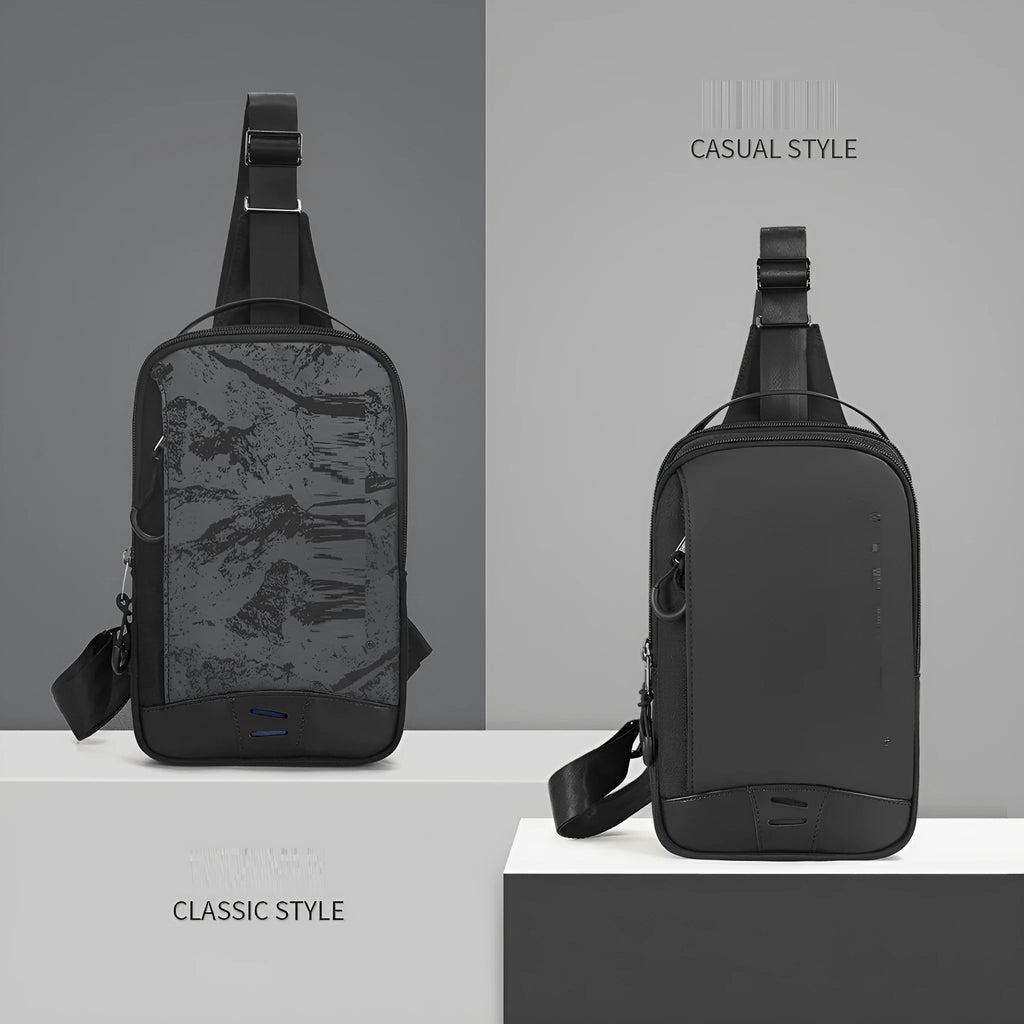 Casual black camouflage print chest bag with adjustable shoulder strap and top handle on a person