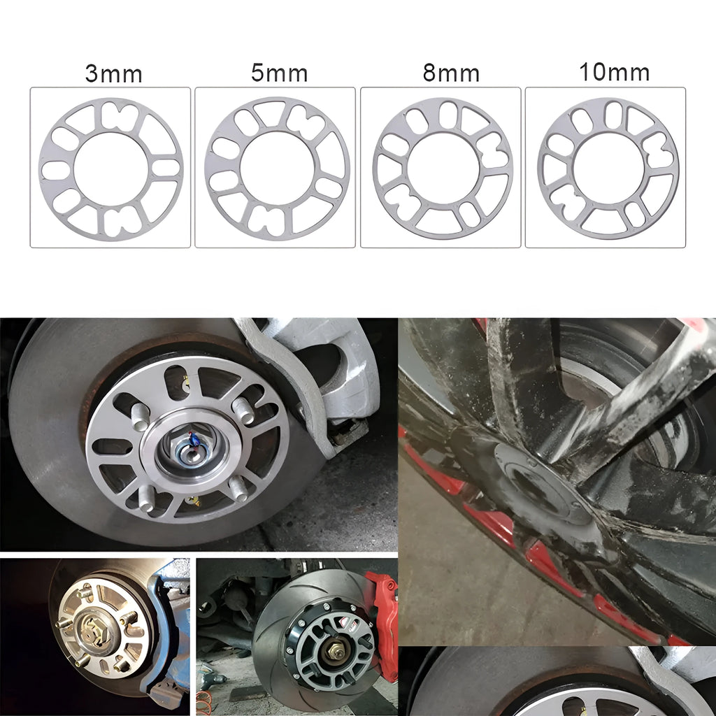 Set of four automotive wheel hub spacer gaskets showing different thicknesses of 3mm, 5mm, 8mm, and 10mm.