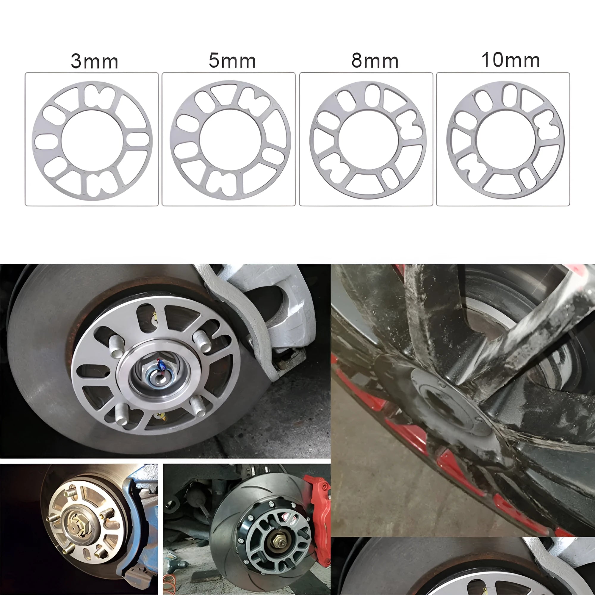 Set of four automotive wheel hub spacer gaskets showing different thicknesses of 3mm, 5mm, 8mm, and 10mm.