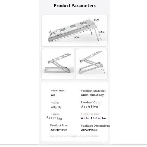 Aluminium alloy notebook cooling rack with folding riser mechanism in silver finish