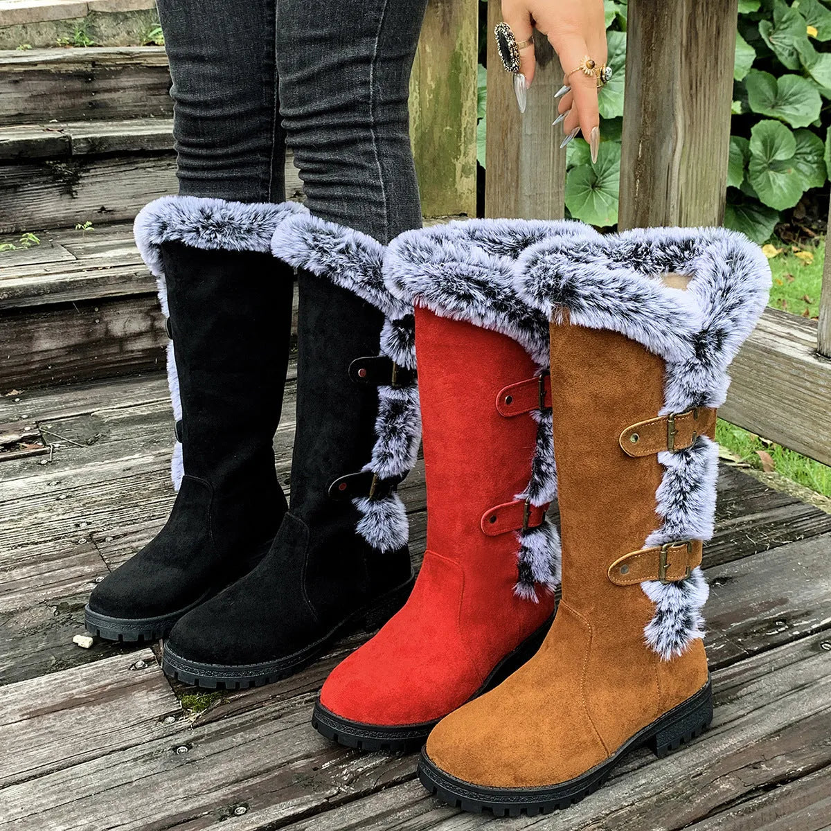Women's thick velvet snow boots with rabbit fur lining, suede upper, belt buckle, and waterproof platform sole in black