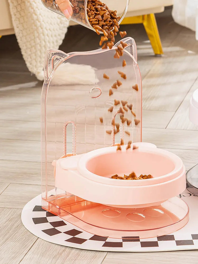 Grey cat feeding bowl with anti-spill design and removable cat ears for neck protection