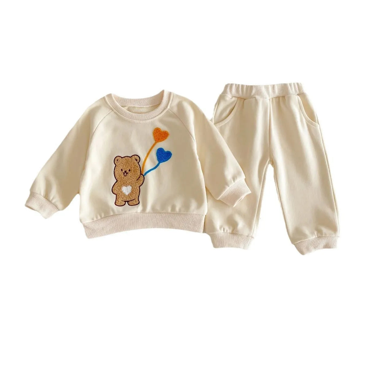Baby suit in light beige with cute bear ball pattern, long-sleeved sweater and matching trousers, cotton fabric