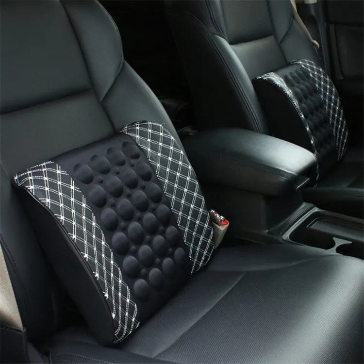 Car electric massage lumbar support pillow with PU leather and latex filler in Black Ribbon Red line