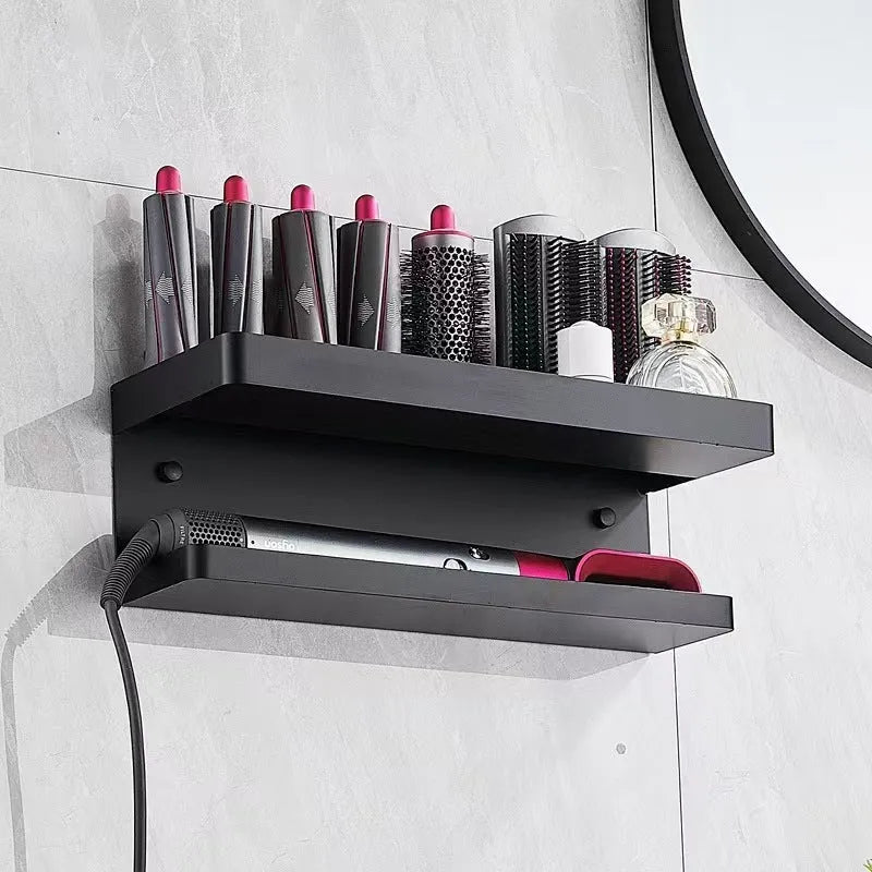 White double-layer aluminium punch-free wall rack holding Marcel Waver curling irons.