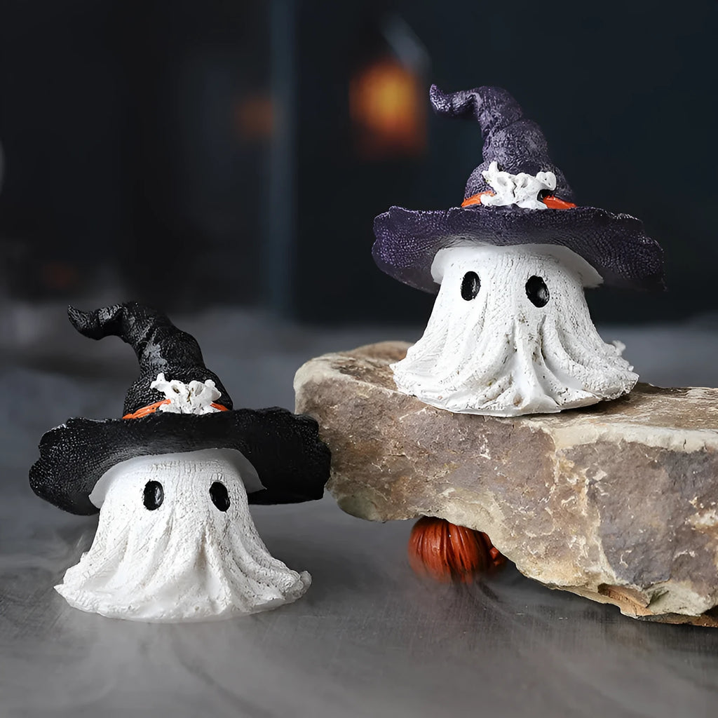 Resin Halloween wizard hat ghost ornament in black or purple colours for seasonal decoration