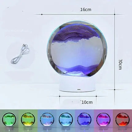 Creative 3D quicksand touch table lamp with glass shade in blue, orange, purple, or red light.