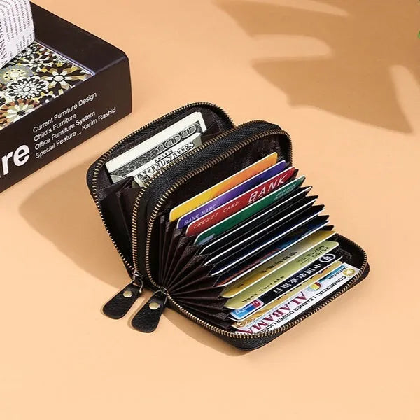 Cowhide double layer zipper expanding card holder in black with anti-theft credit card protection and gift box