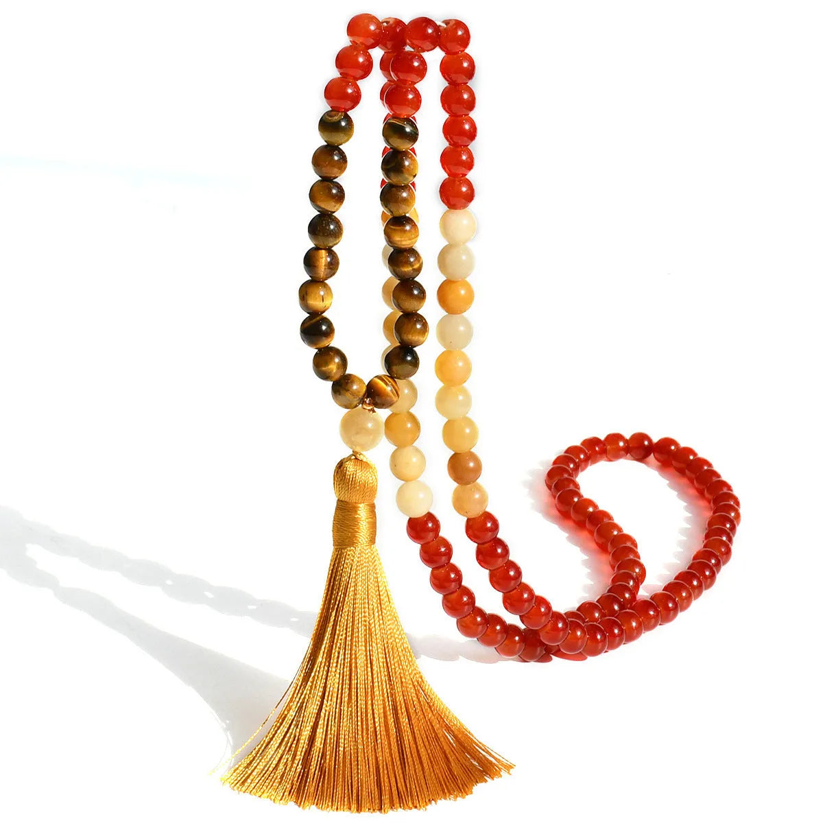 Long 108-bead natural stone necklace with a geometric tassel pendant in bohemian style.