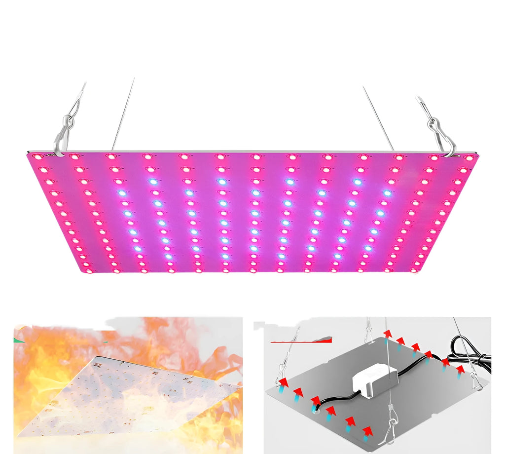 Silver aluminium LED plant growth light with hook for mounting above indoor vegetable plants.