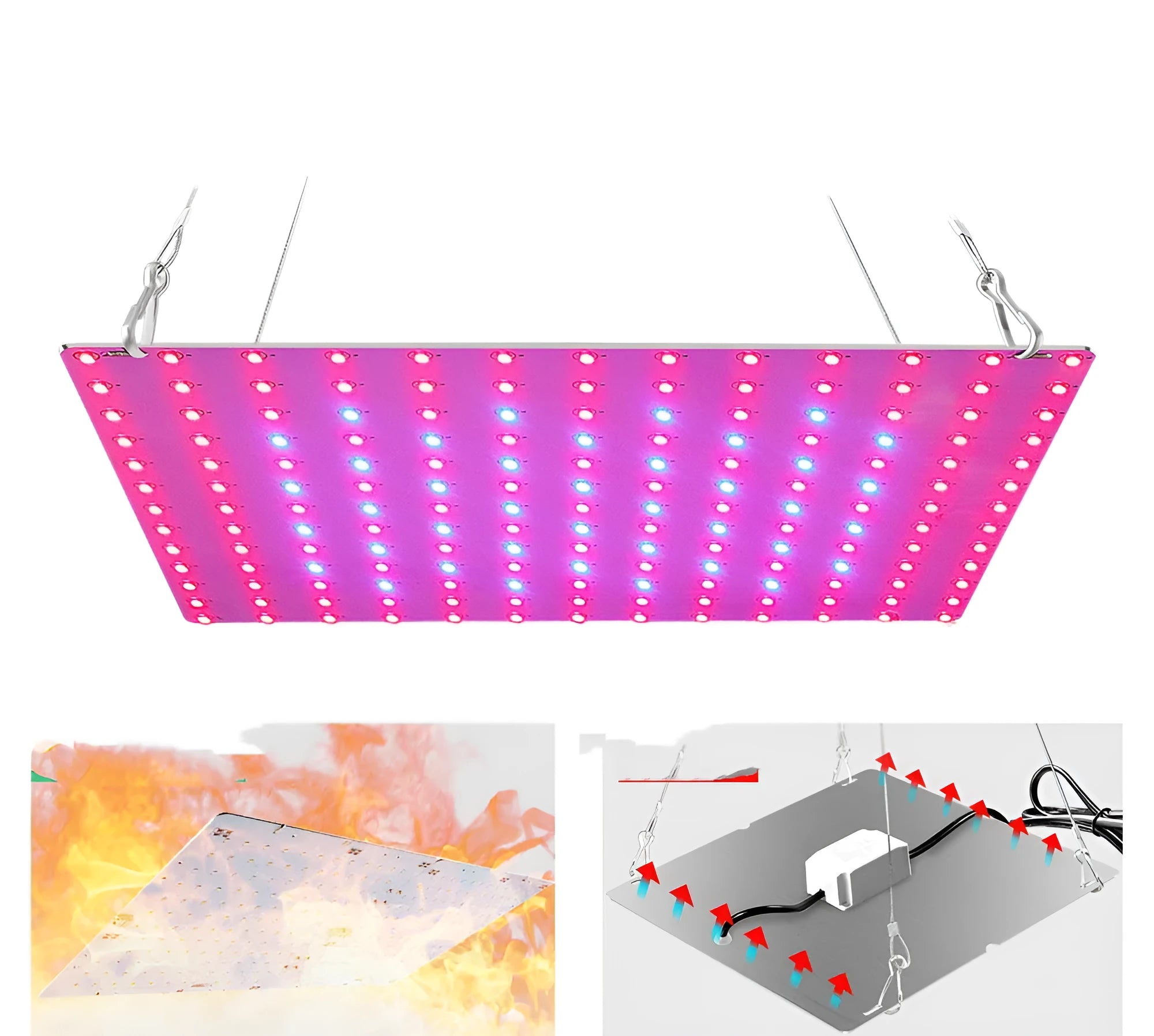 Silver aluminium LED plant growth light with hook for mounting above indoor vegetable plants.