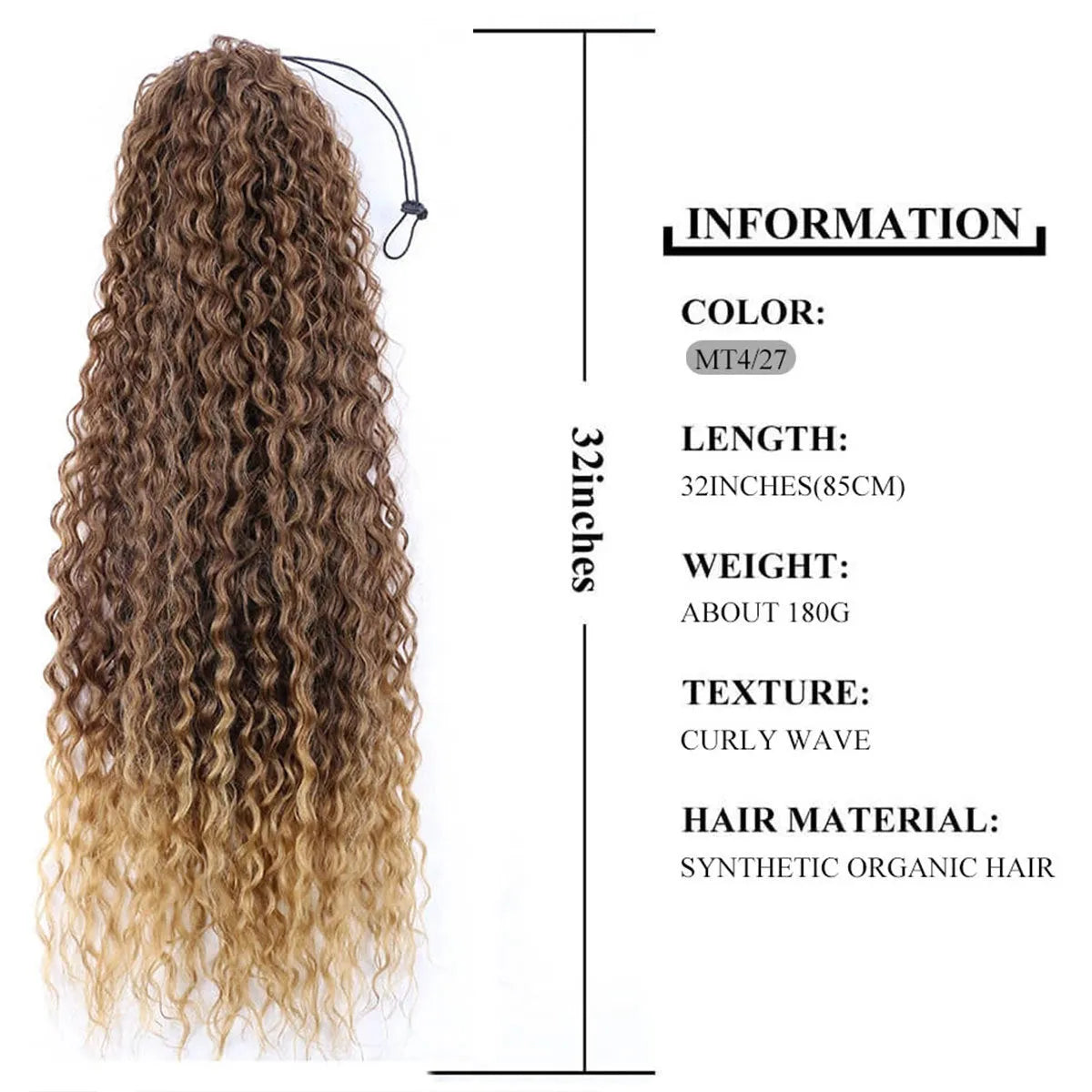 Synthetic drawstring curly ponytail extension in colour T4-27, small roll design for volume