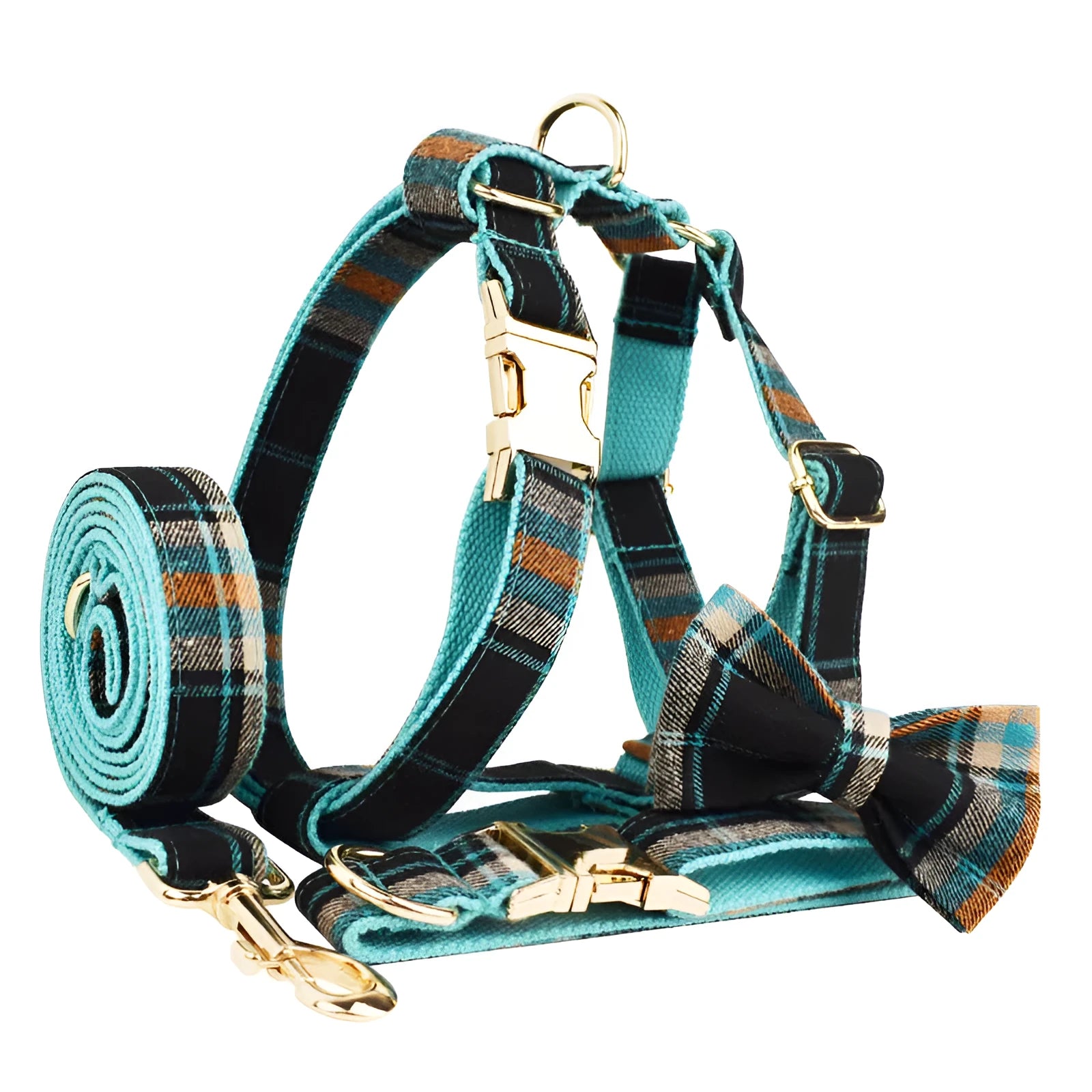 Green retro dog collar and leash set with matching vest and bow accessory