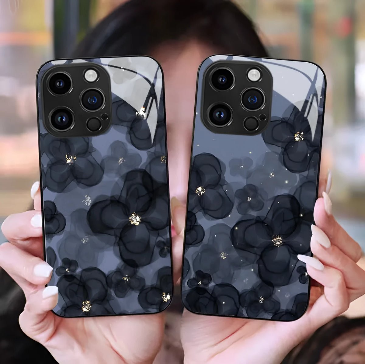 Flower glass iPhone case with tulip and smiling face design, UV coating, shockproof protection, Regular Glass Shell 802 and 803