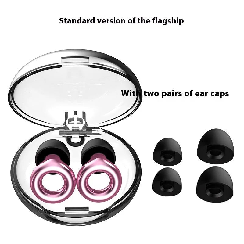 Set of silicone noise reduction earplugs in multiple colours with a storage box and spare ear caps.