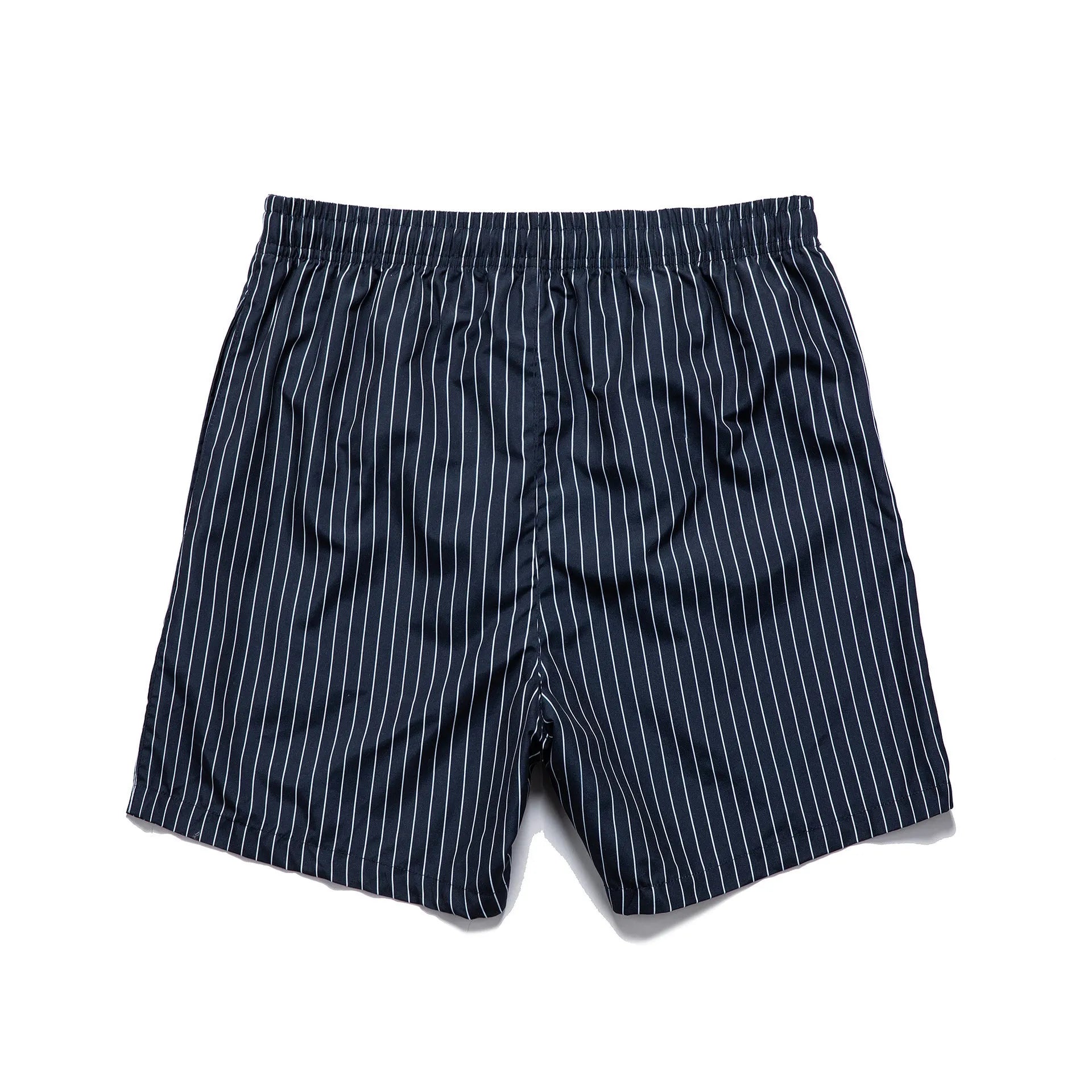 Men's navy blue polyester beach shorts with striped triangle lining and straight leg opening.