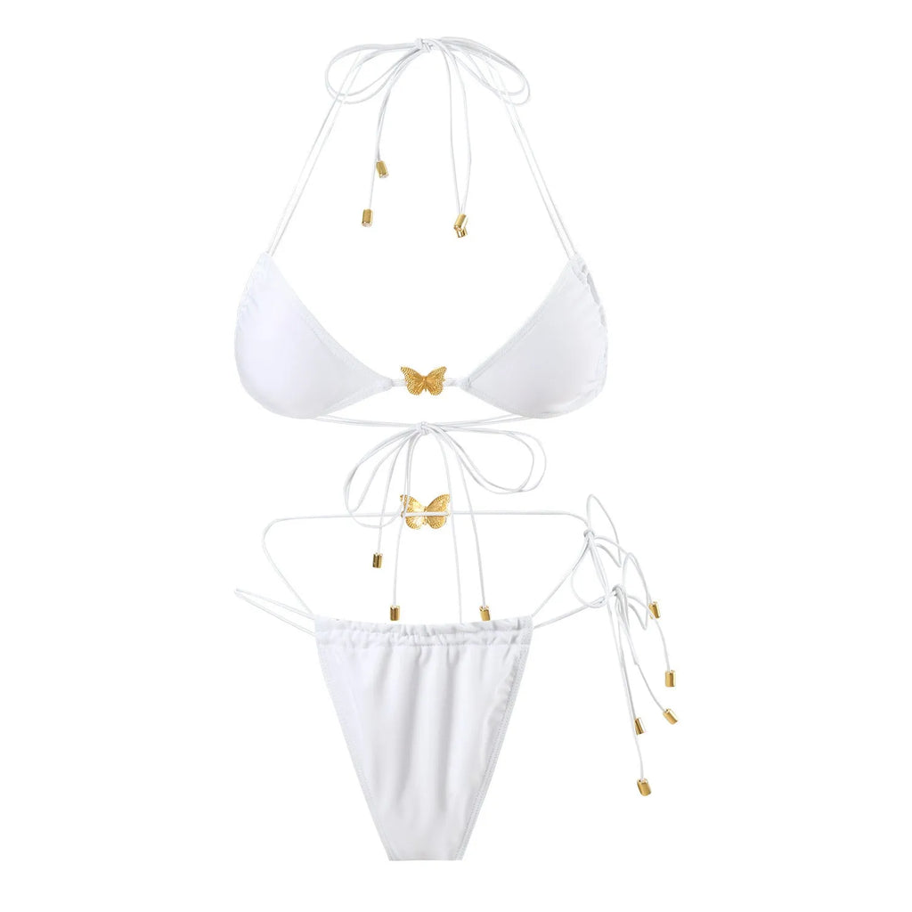 Women's elastic string butterfly ornament triangle bag tied swimsuit in solid black – backless brief style