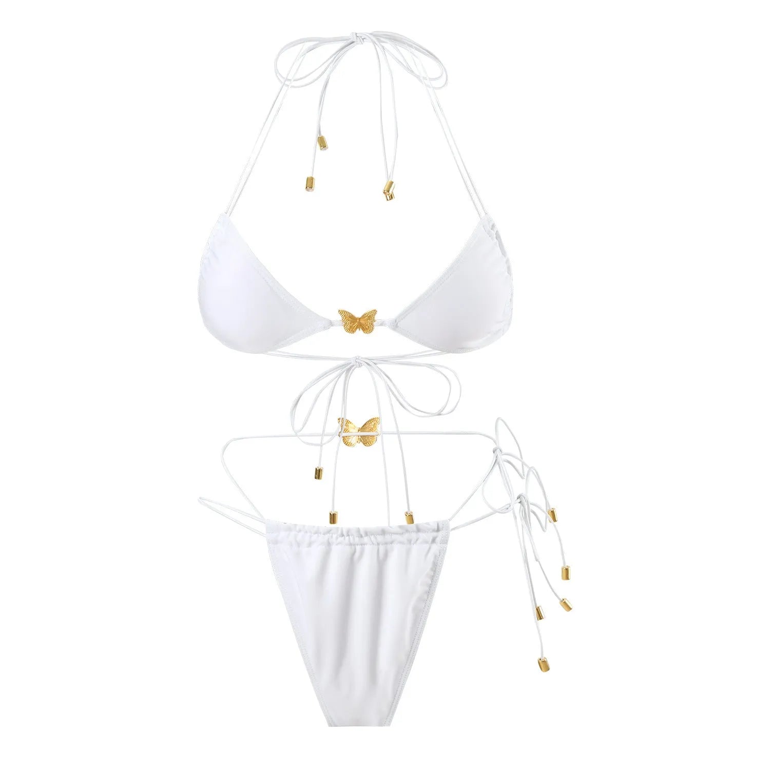 Women's elastic string butterfly ornament triangle bag tied swimsuit in solid black – backless brief style