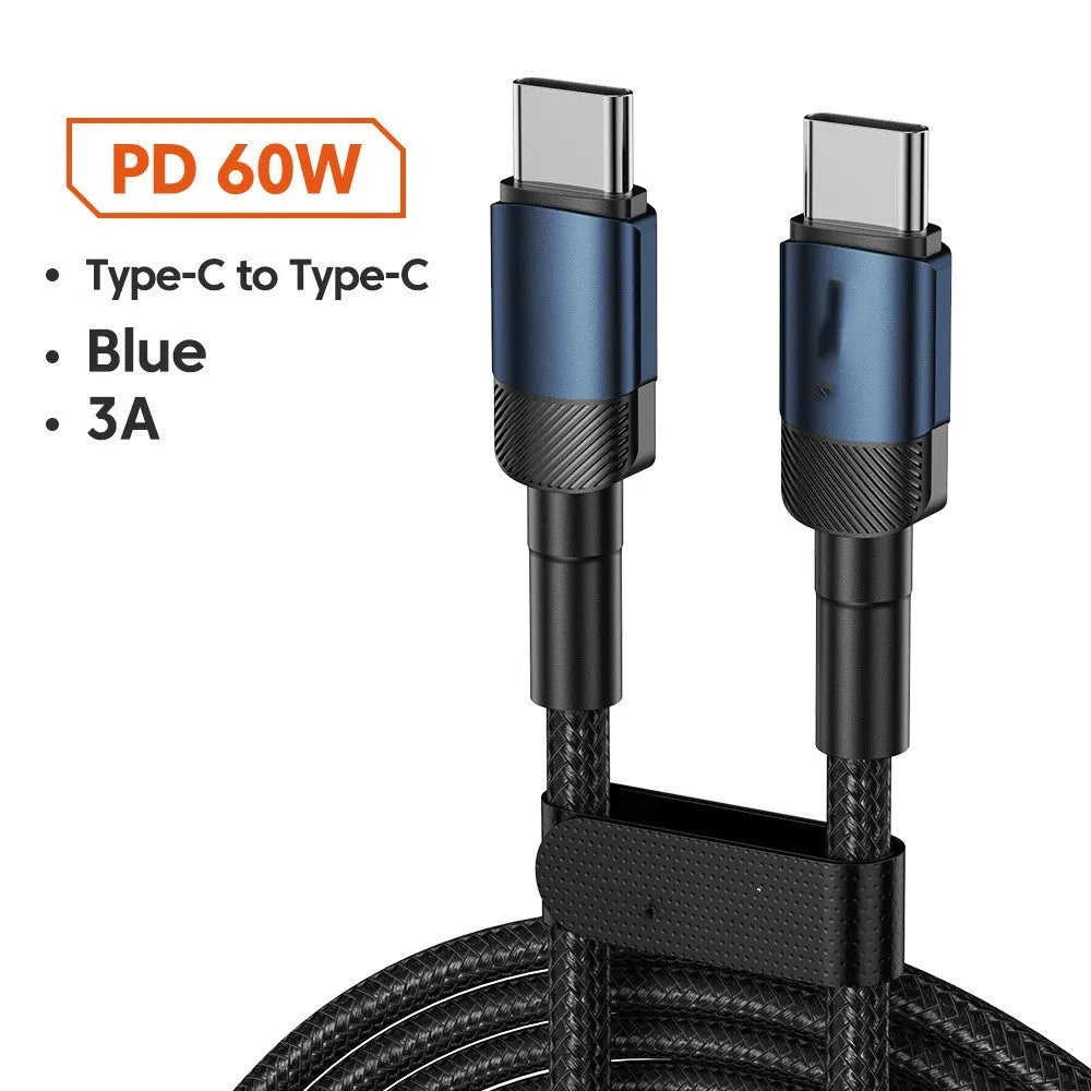 Aluminium alloy USB C fast charge cable with woven braiding in blue colour showing connector detail