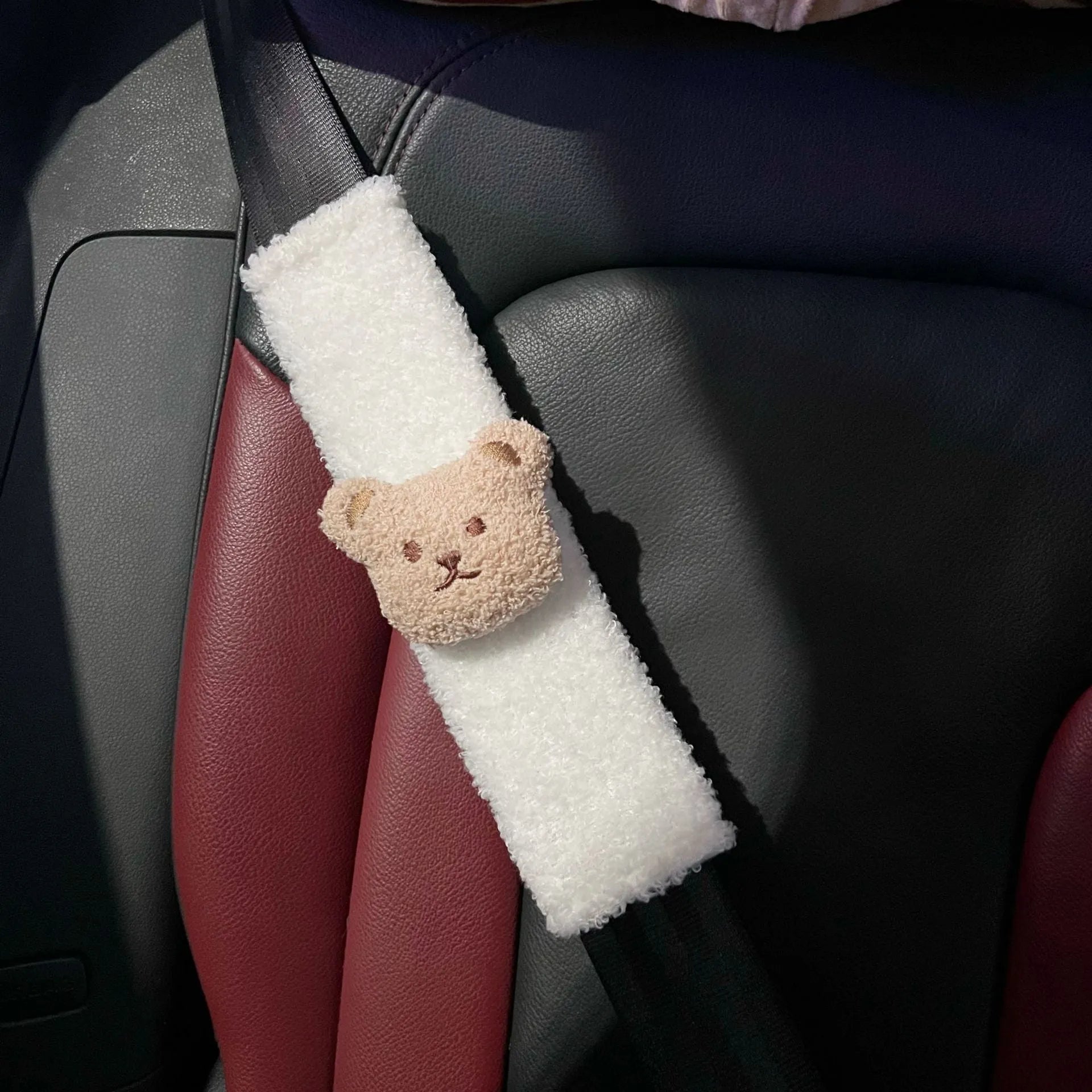 Cartoon bear plush baby car seat belt protective cover showing khaki and coffee colour options