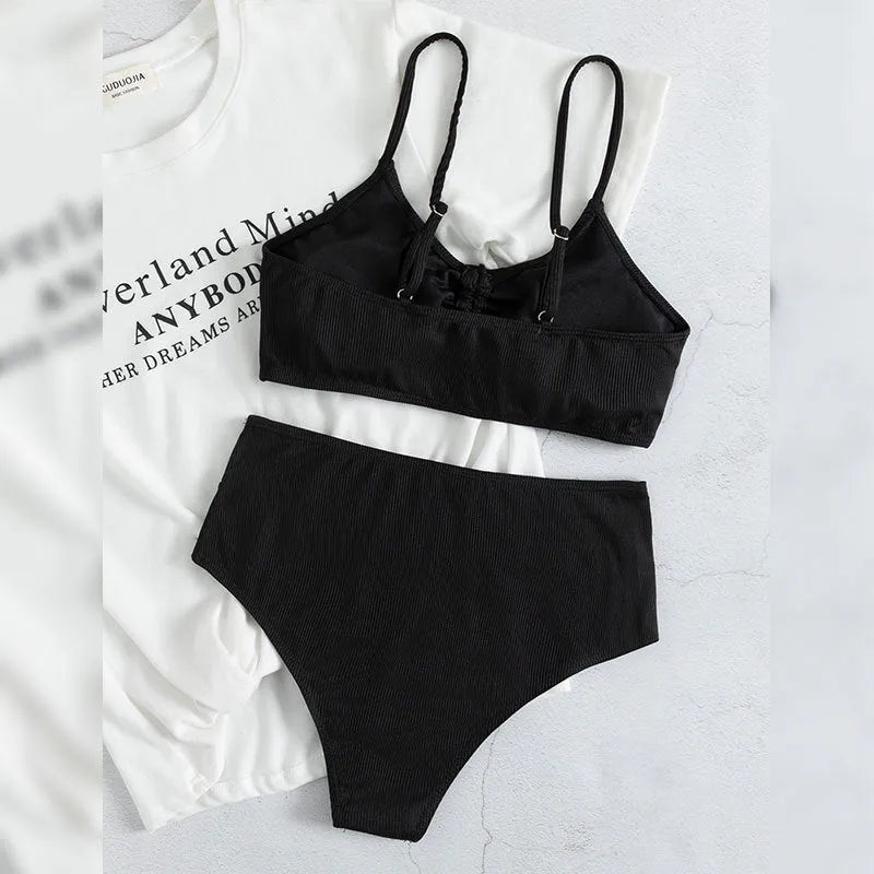 Black women's high waist bikini swimsuit with sling split design and sleeveless cut