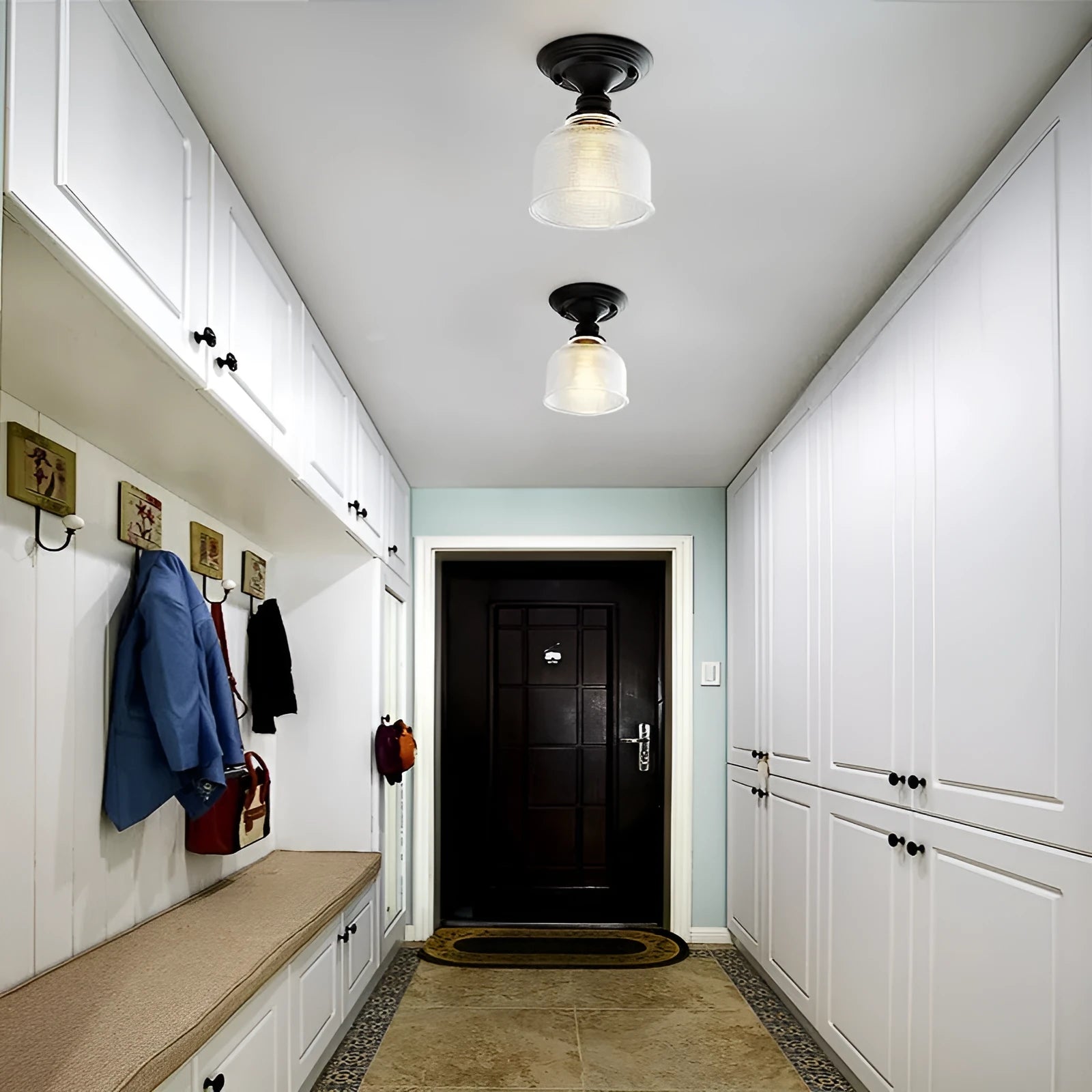 American retro single-head pendant lamp with glass cover for ceiling mounting.