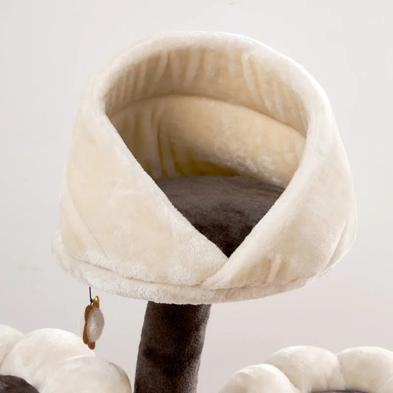Beige flower cat climbing frame with nest platform and grasping board, 162cm tall, iron and plush construction