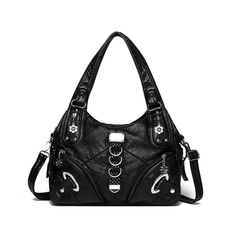 Women's large capacity washed leather handbag in soft PU with horizontal square shape and multi compartment interior