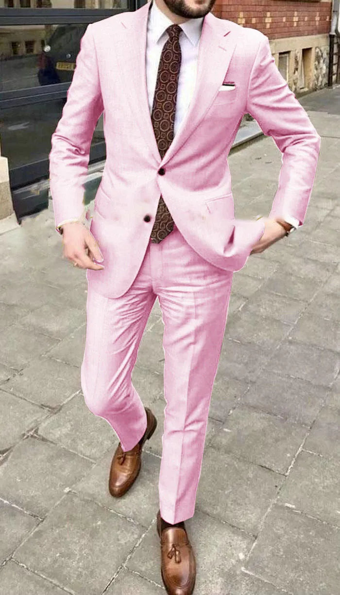 Men's slim fit two-button business suit jacket and trousers on a hanger