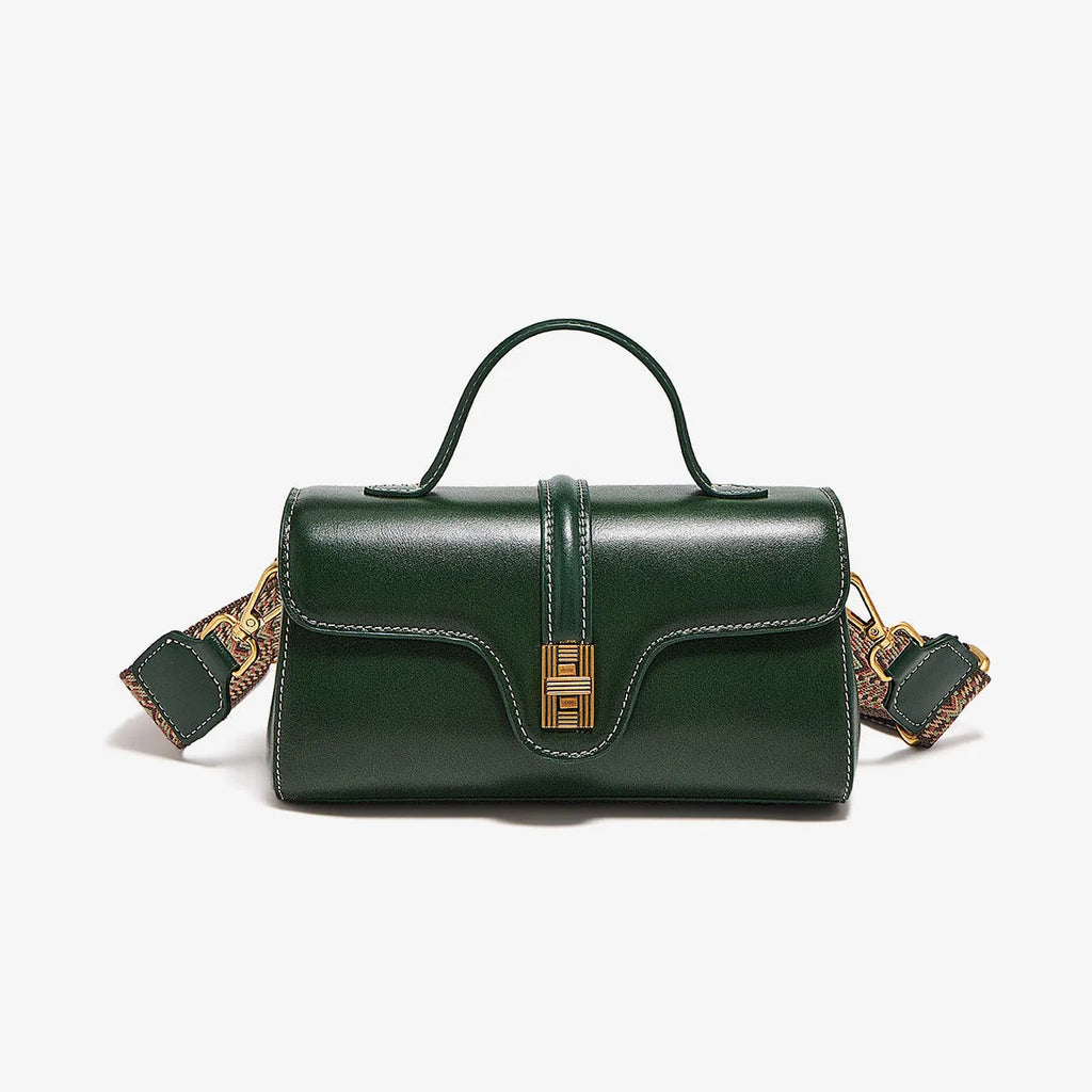 Niche retro Cambridge messenger bag in brown cow leather with lock detail and clamshell opening