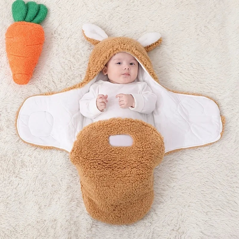 Baby wearing soft fleece sleeping bag with head support and velcro closures
