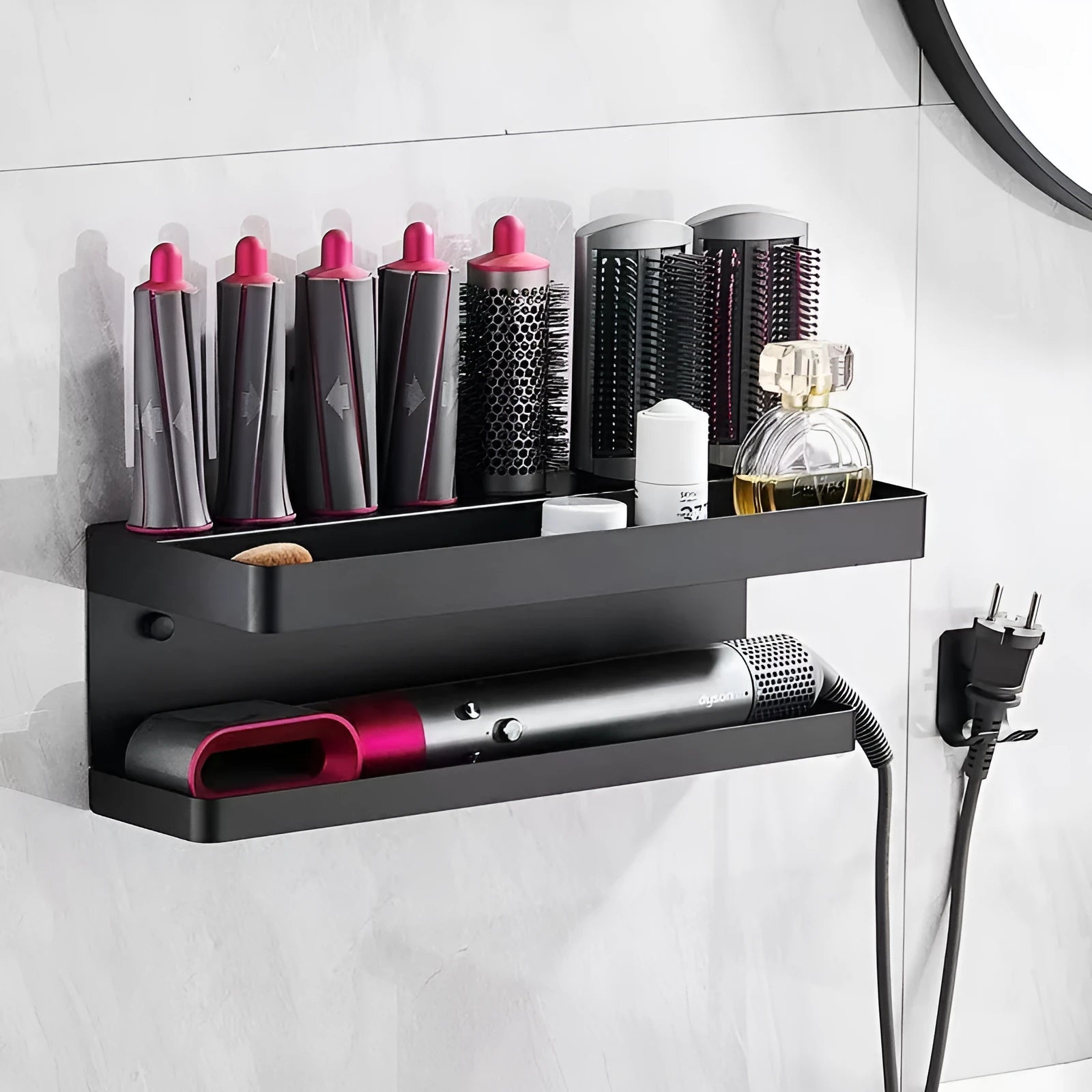 White double-layer aluminium punch-free wall rack holding Marcel Waver curling irons.