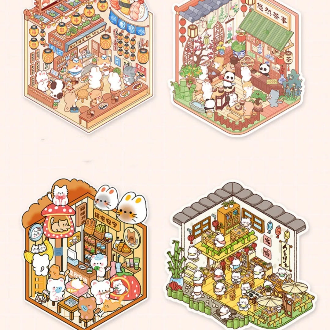 3D stereo cottage landscaping miniature scene stickers book with PET material, cartoon pet foodie and small animal daily designs