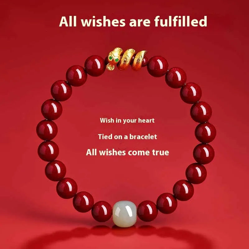 Handmade Chinese cinnabar bracelet with snake zodiac beads in 6mm or 8mm sizes