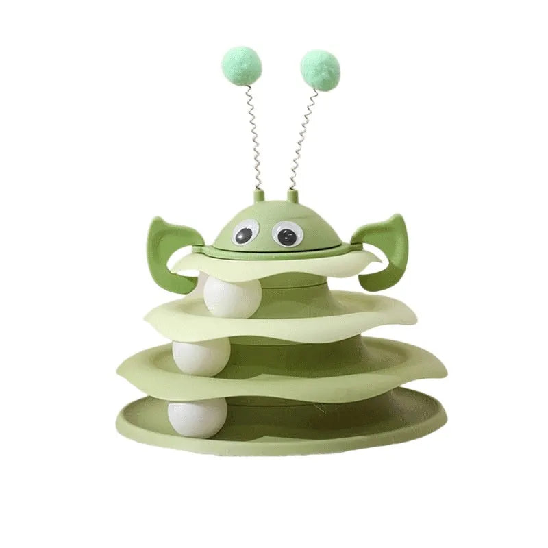 3-layer cat toy tower with rotating bee on top, green tracks and base, for kittens and adult cats