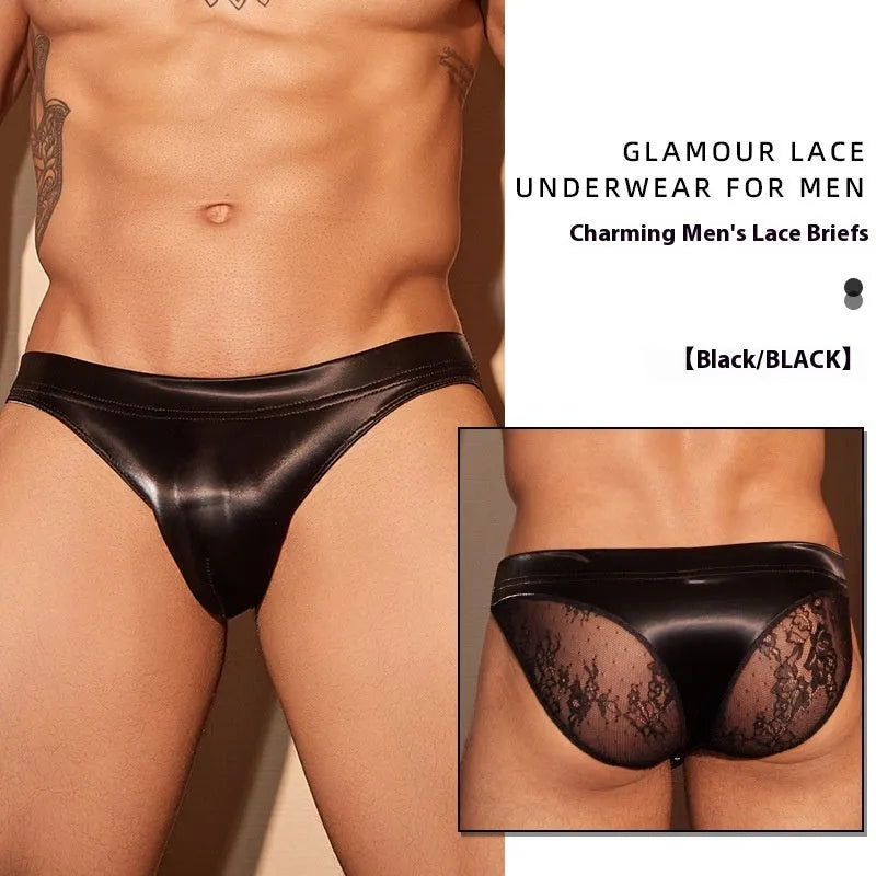 Men's black shark skin lace briefs showing textured fabric detail and free size fit