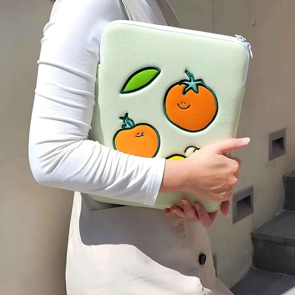 Tomato-coloured cotton cloth tablet inner bag with embroidered tomato design, for 11 inch and 15 to 15.6 inch devices