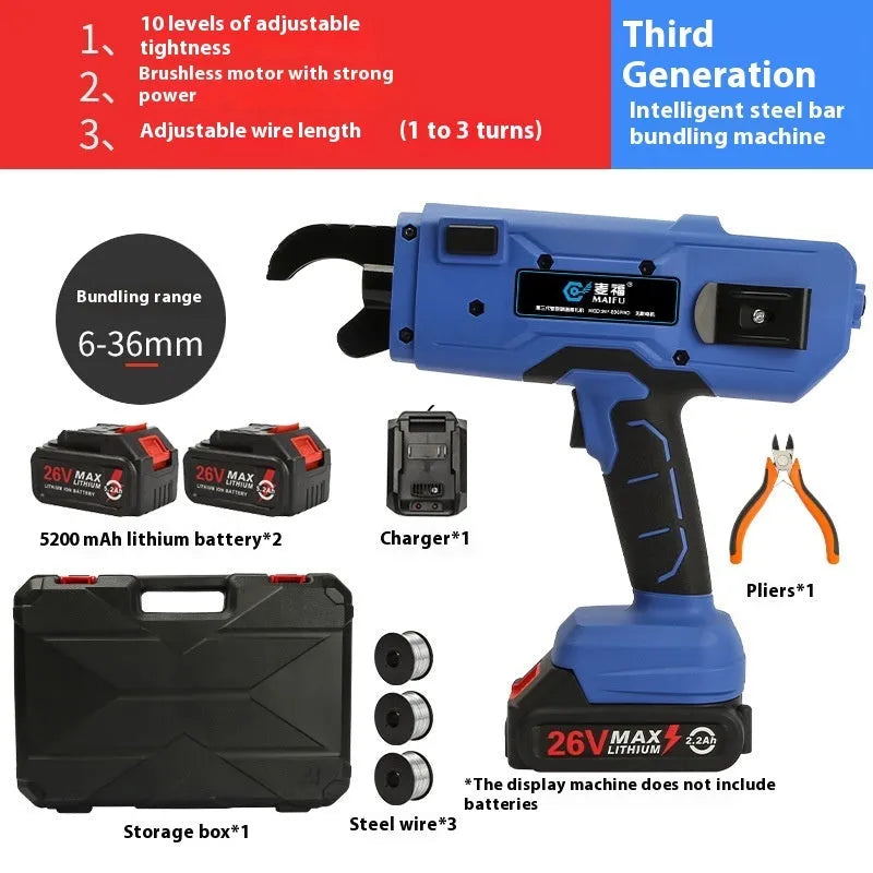 Electric steel bar tying machine for construction reinforcement binding with batteries and charger