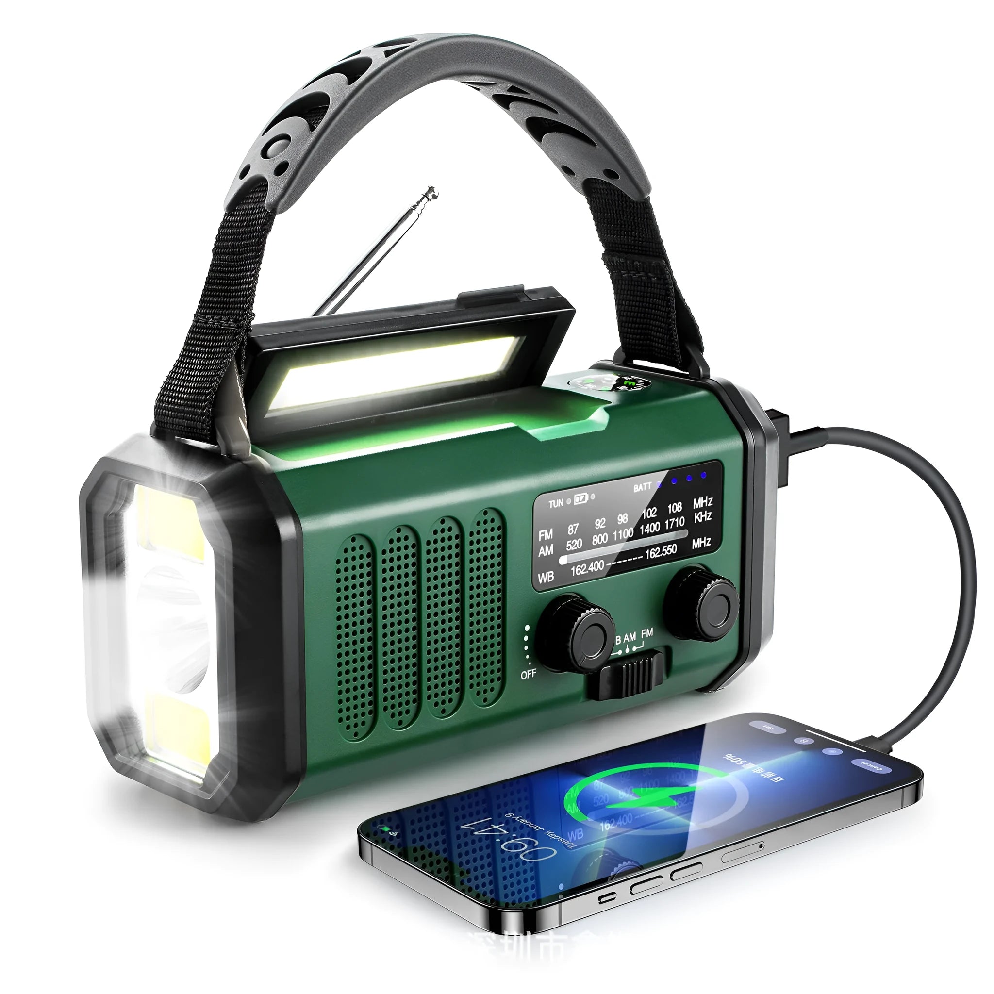 Outdoor emergency solar charging flashlight radio with ABS housing, 16x6x8.5cm, in army green, showing front panel with screen and speaker