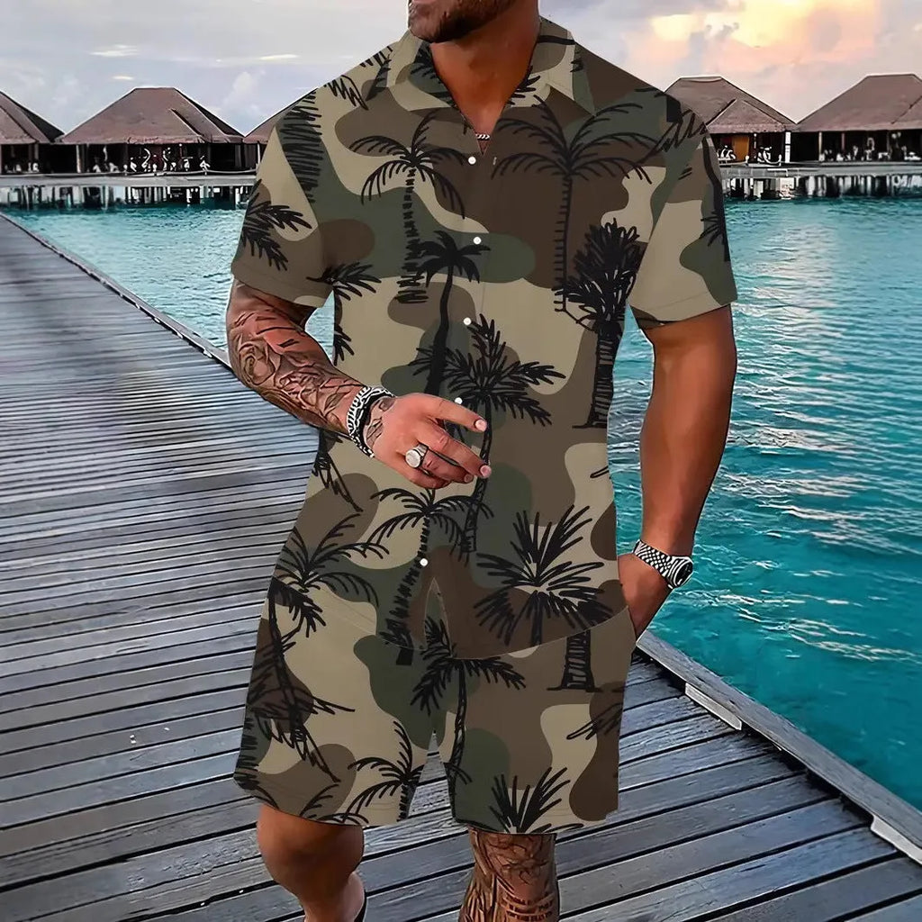 Men's 3D printed Hawaiian short sleeve suit set with matching top and shorts on a model.