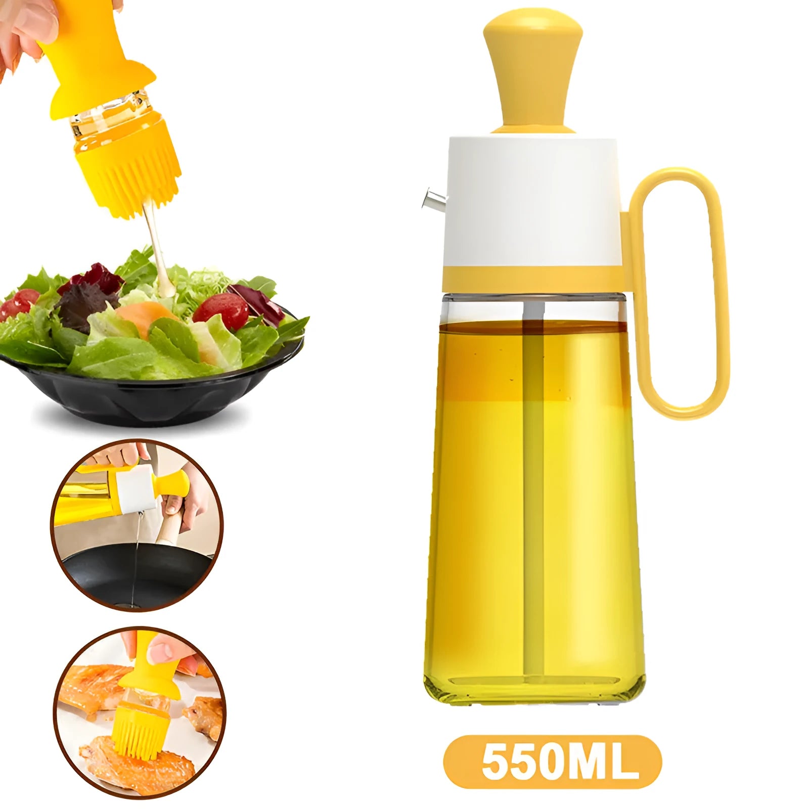 2 in 1 oil dispenser with silicone brush on wooden table against dark background