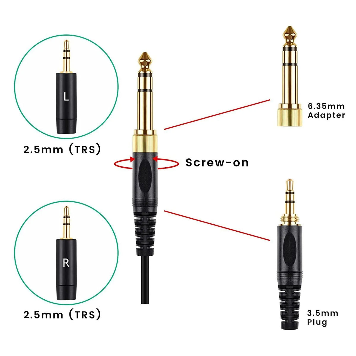 Black 1.8m headphone cable with double 25mm plug for HE400i He560 headphones