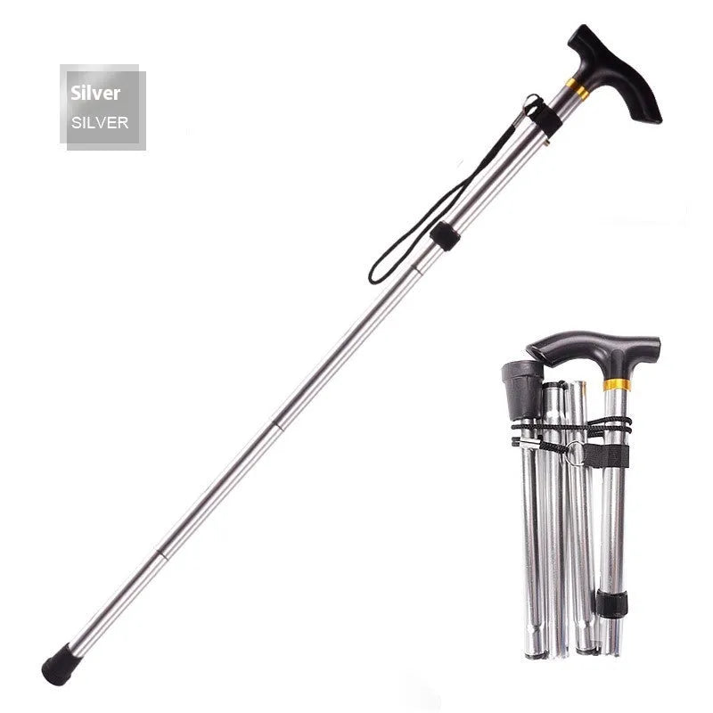 Aluminium alloy folding walking stick adjusted to mid-height, showing non-slip handle.
