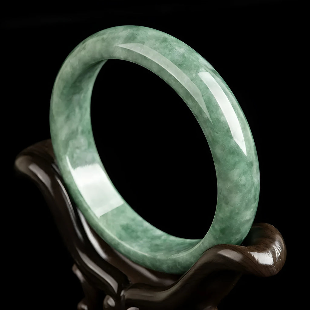 Natural emerald bean green ring bracelet for women, deep pea green colour, simple style, on white background