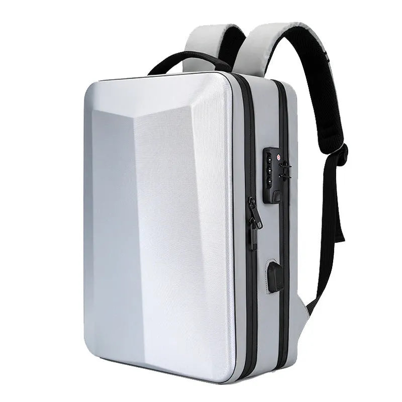 Black waterproof ABS PC business laptop backpack with curved shoulder straps and silver white accent
