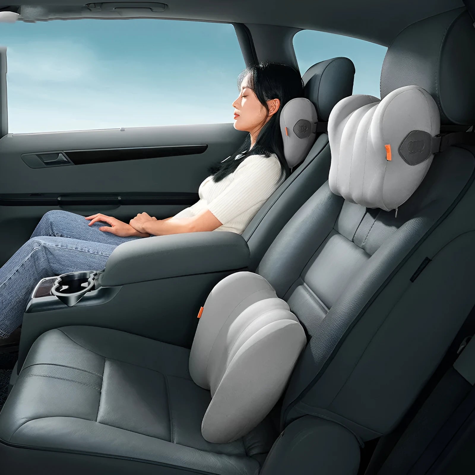 Grey and orange head pillow and lumbar support set for lorry driver seat